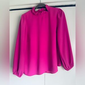J Crew Pink Ruffle Neck Blouse with Gold Buttons